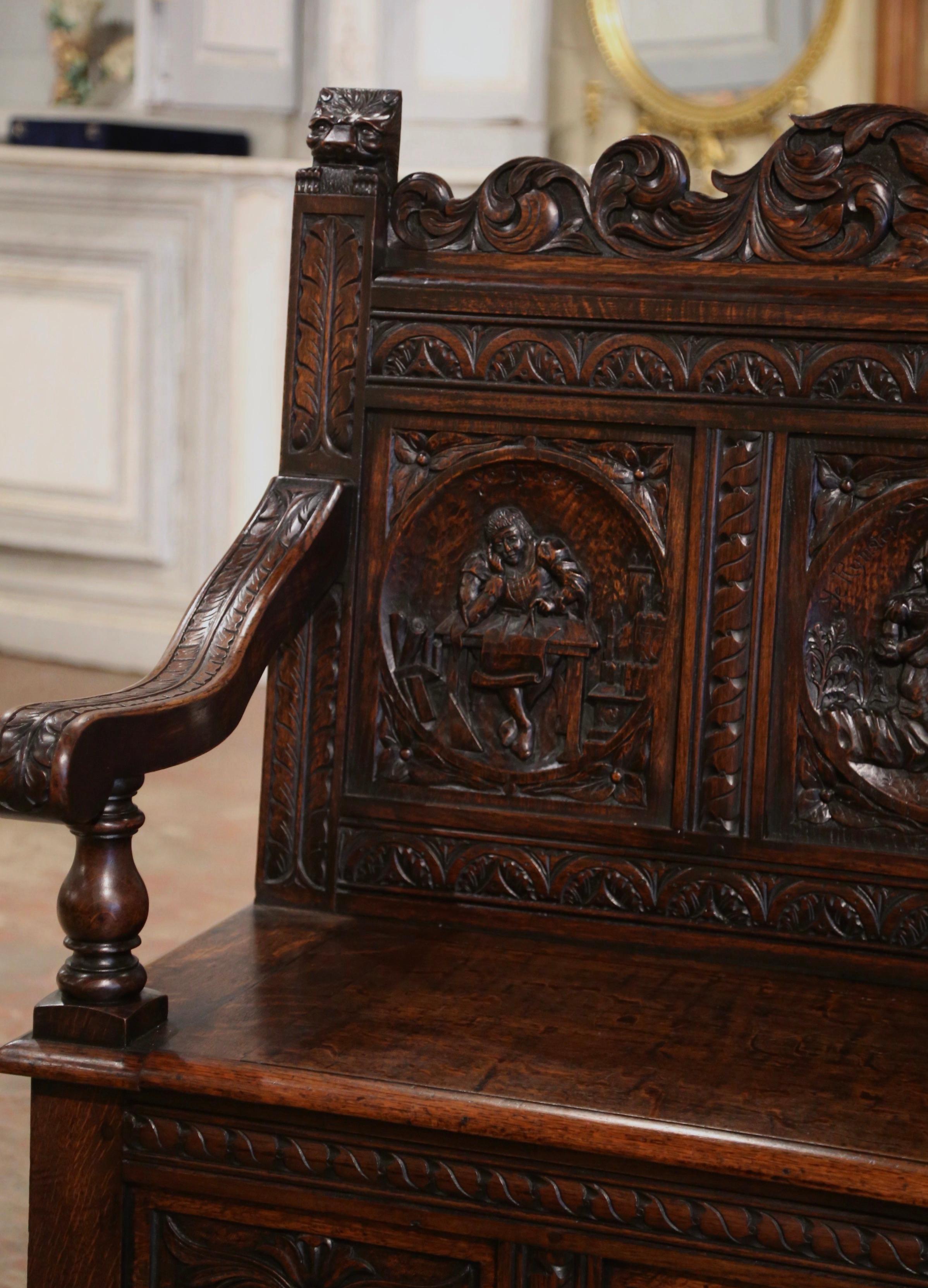 19th Century French Renaissance Carved Oak Bench with Figural Motifs For Sale 2