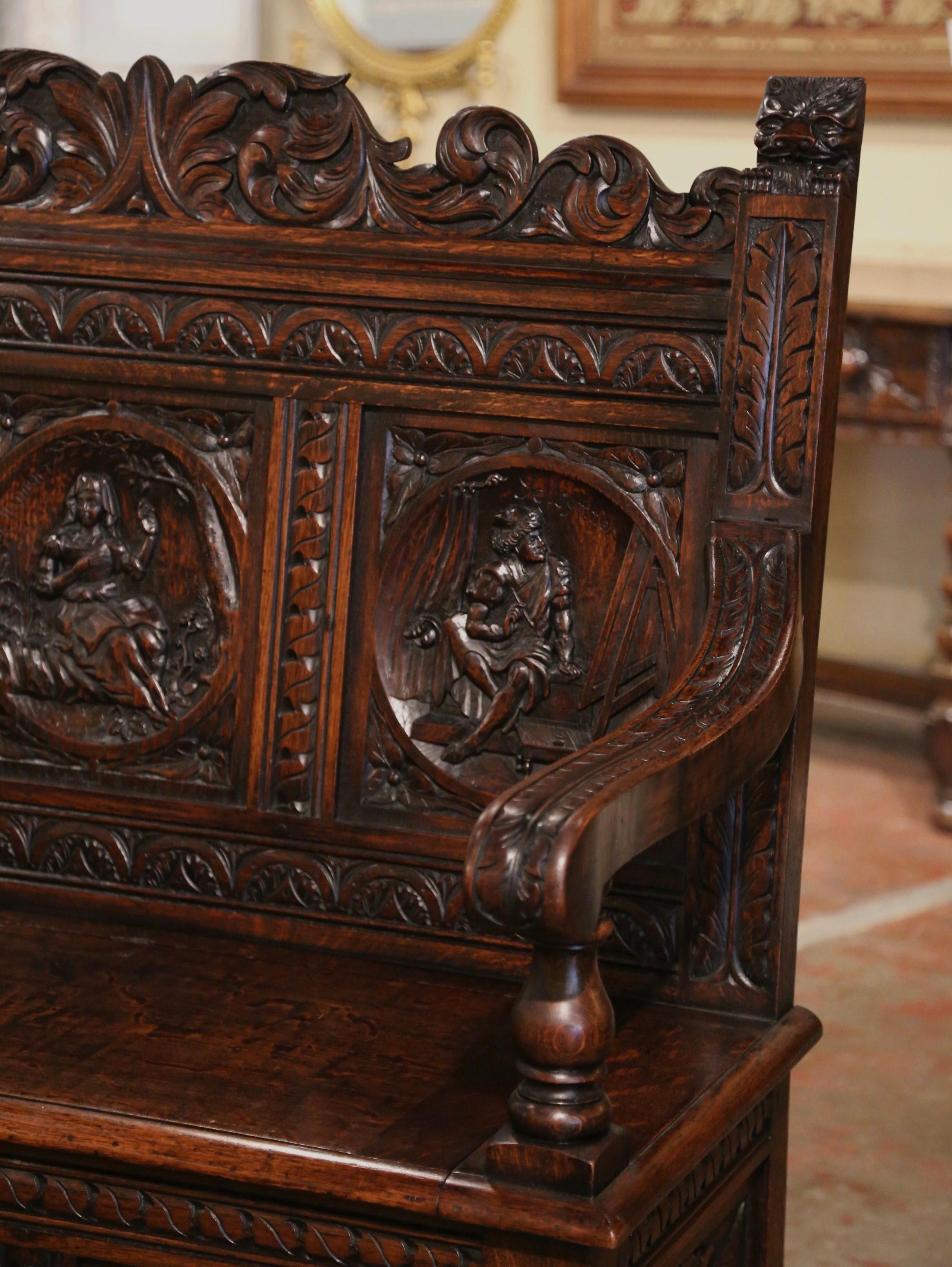 19th Century French Renaissance Carved Oak Bench with Figural Motifs For Sale 3