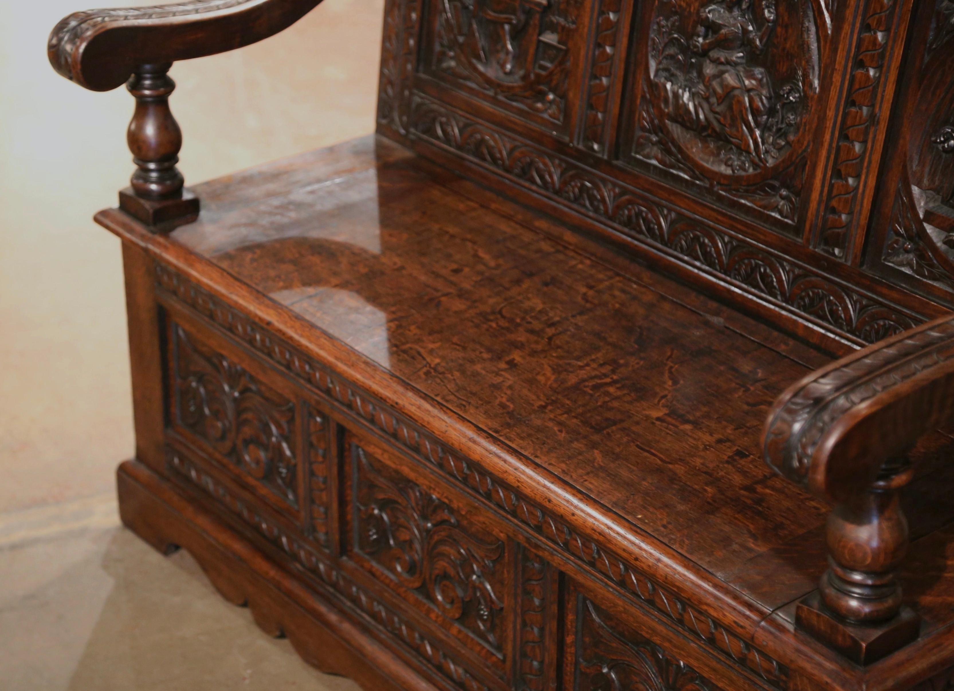 19th Century French Renaissance Carved Oak Bench with Figural Motifs For Sale 5