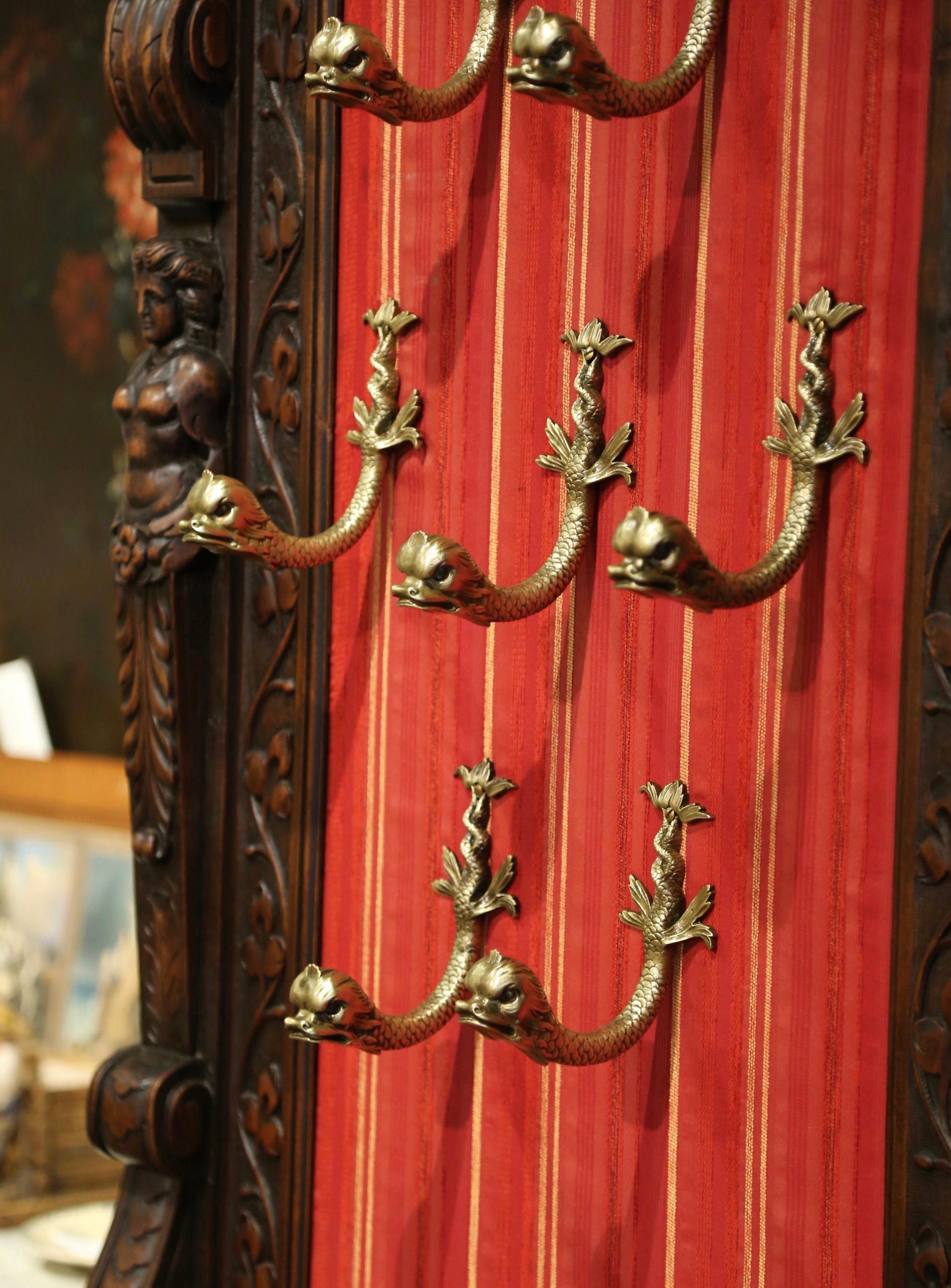 19th Century French Renaissance Carved Walnut Halltree with Dolphin-Form Hooks 1