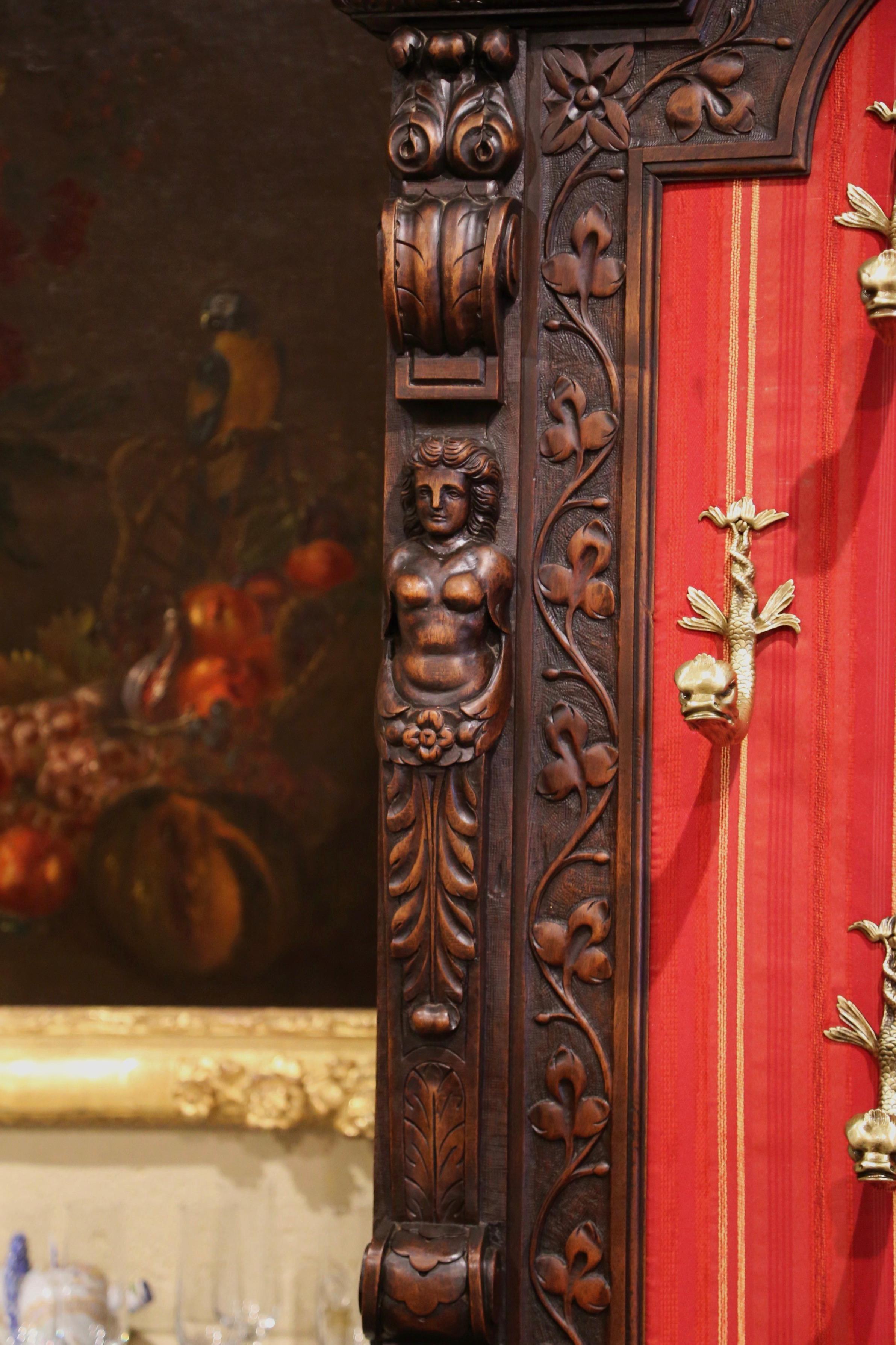 19th Century French Renaissance Carved Walnut Halltree with Dolphin-Form Hooks 2