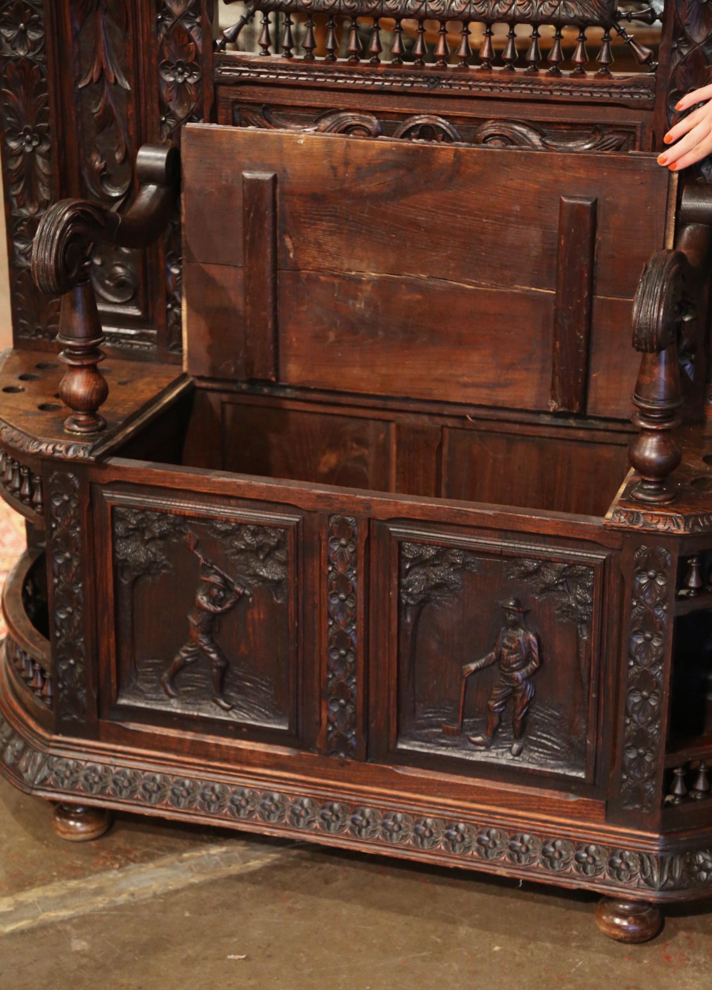 19th Century French Renaissance Carved Walnut Halltree Bench and Umbrella Stand 5