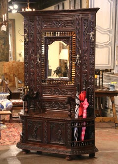 19th Century French Renaissance Carved Walnut Halltree Bench and Umbrella Stand