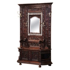 Antique 19th Century French Renaissance Carved Walnut Halltree Bench and Umbrella Stand