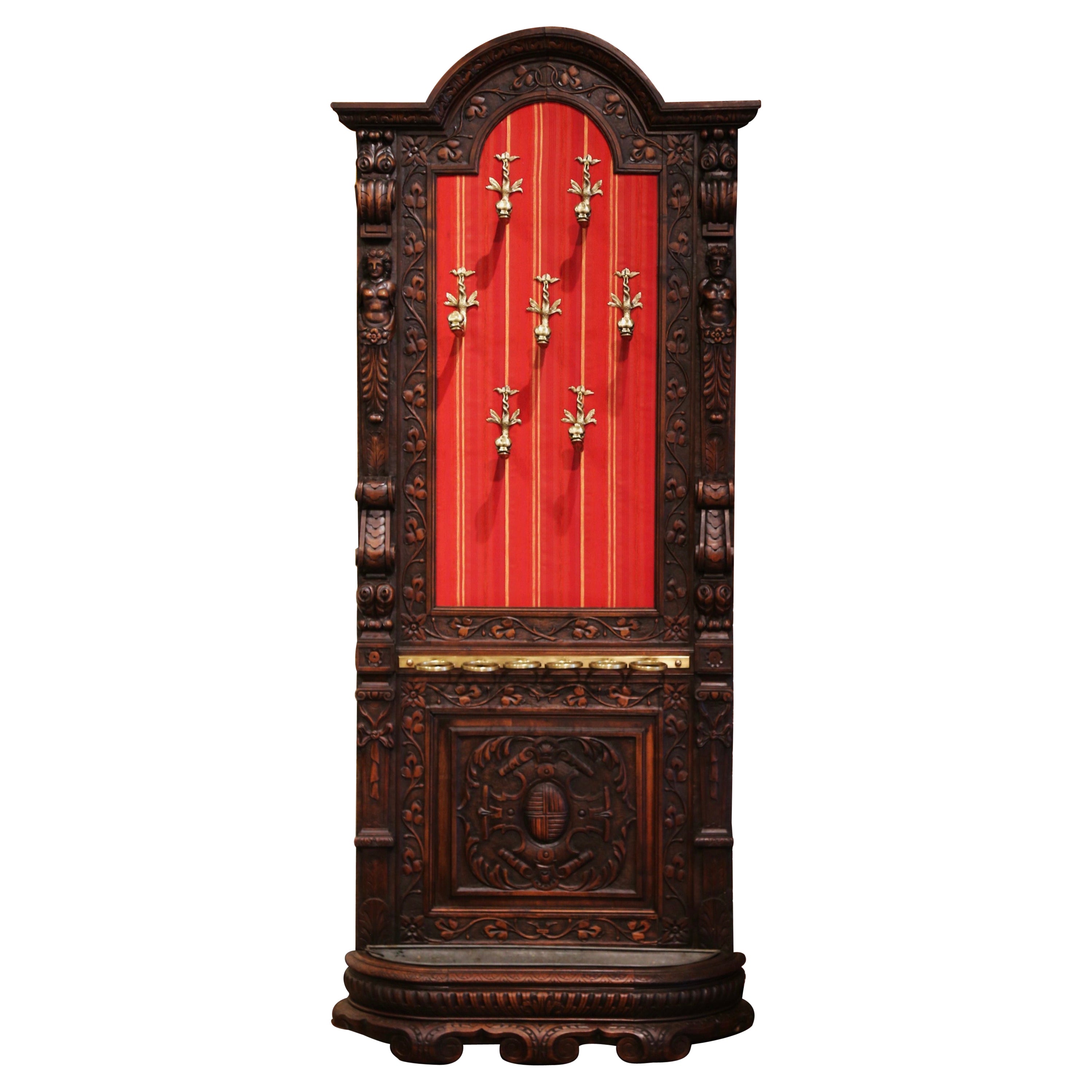 19th Century French Renaissance Carved Walnut Halltree with Dolphin-Form Hooks