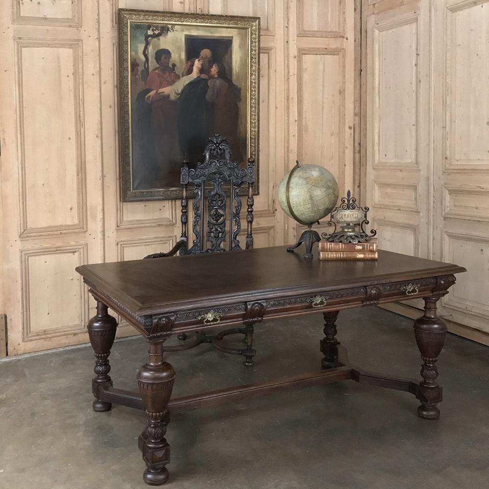 19th century French Renaissance desk, Bureau Plat is an exceptional choice for the 21st century office or study, because these days one can put one's entire filing system on a thumb drive! Handcrafted from old-growth oak to last for generations, it