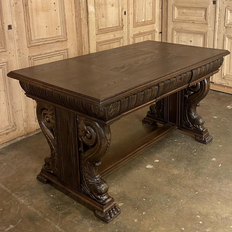 Hand-Carved 19th Century French Renaissance Desk with Dolphins For Sale