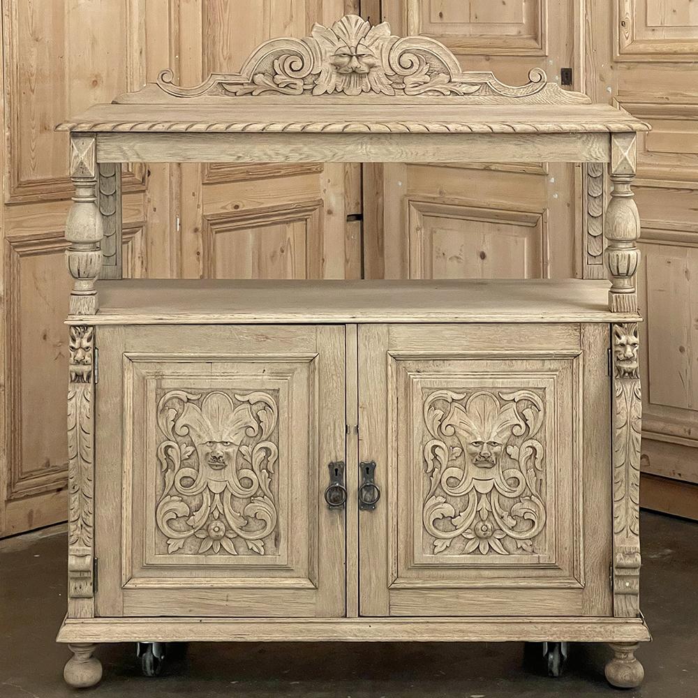 19th century French Renaissance Dessert Buffet in Stripped Oak will make a great addition to a cozy dining room, behind an executive desk, or anywhere a convenient and stylish cabinet with surfaces is needed. handcrafted from solid oak, it features