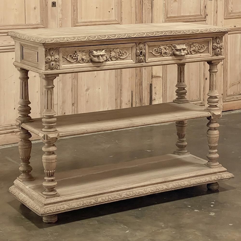 19th Century French Renaissance flip-top dessert buffet in stripped oak is a remarkable variant of the serving buffet attributed to the French. Long ago marble atop a piece of furniture was considered less than stylish, so this clever design hid a