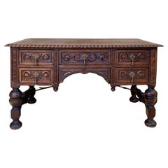 19th Century French Renaissance Hand Carved Desk or Writing Table with Carved St