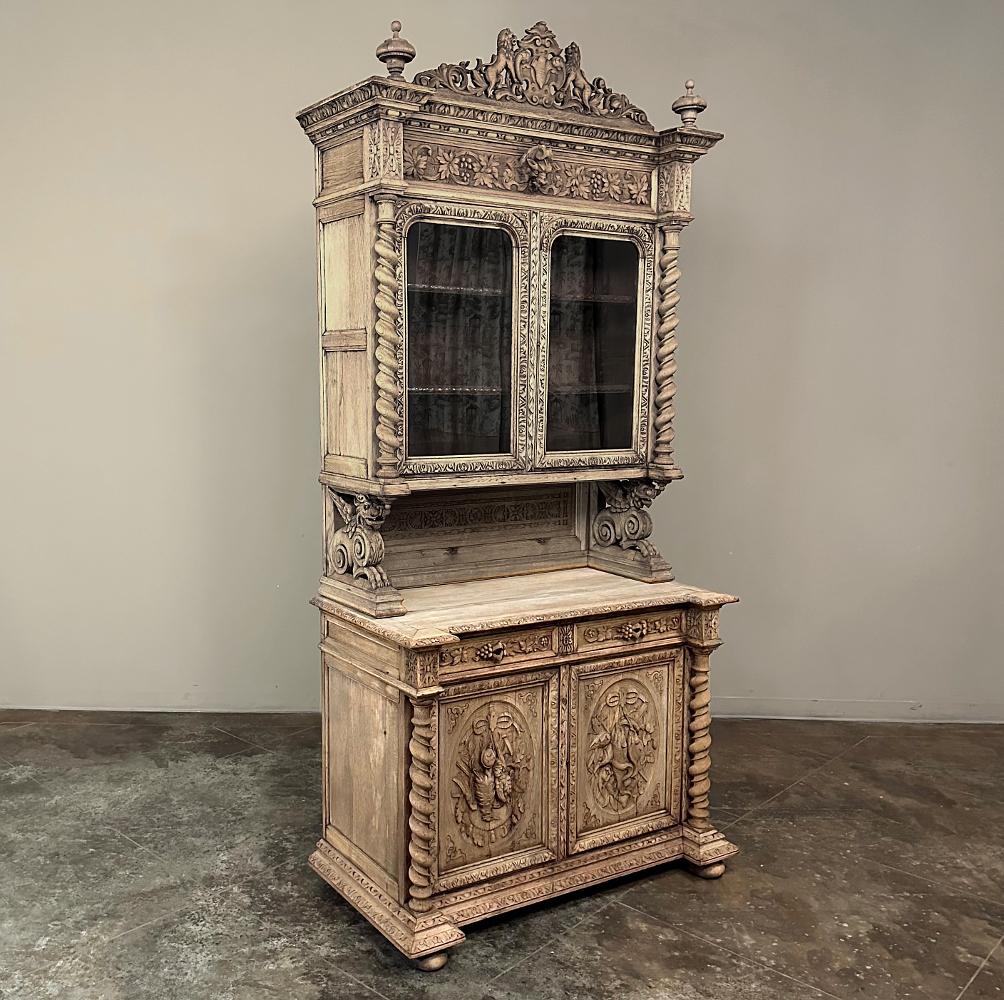 19th Century French Renaissance Hunt Buffet ~ Bookcase is a majestic way to decorate your room, while simultaneously providing display and storage with incredible style!  Starting with the sculpted crown depicting two lions guarding a heraldic crest