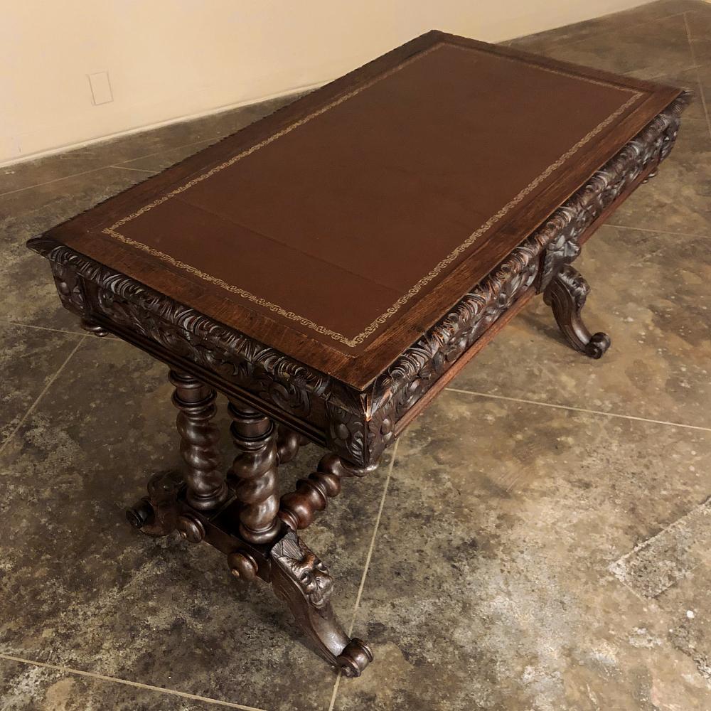 Hand-Carved 19th Century French Renaissance Leather Top Writing Table For Sale
