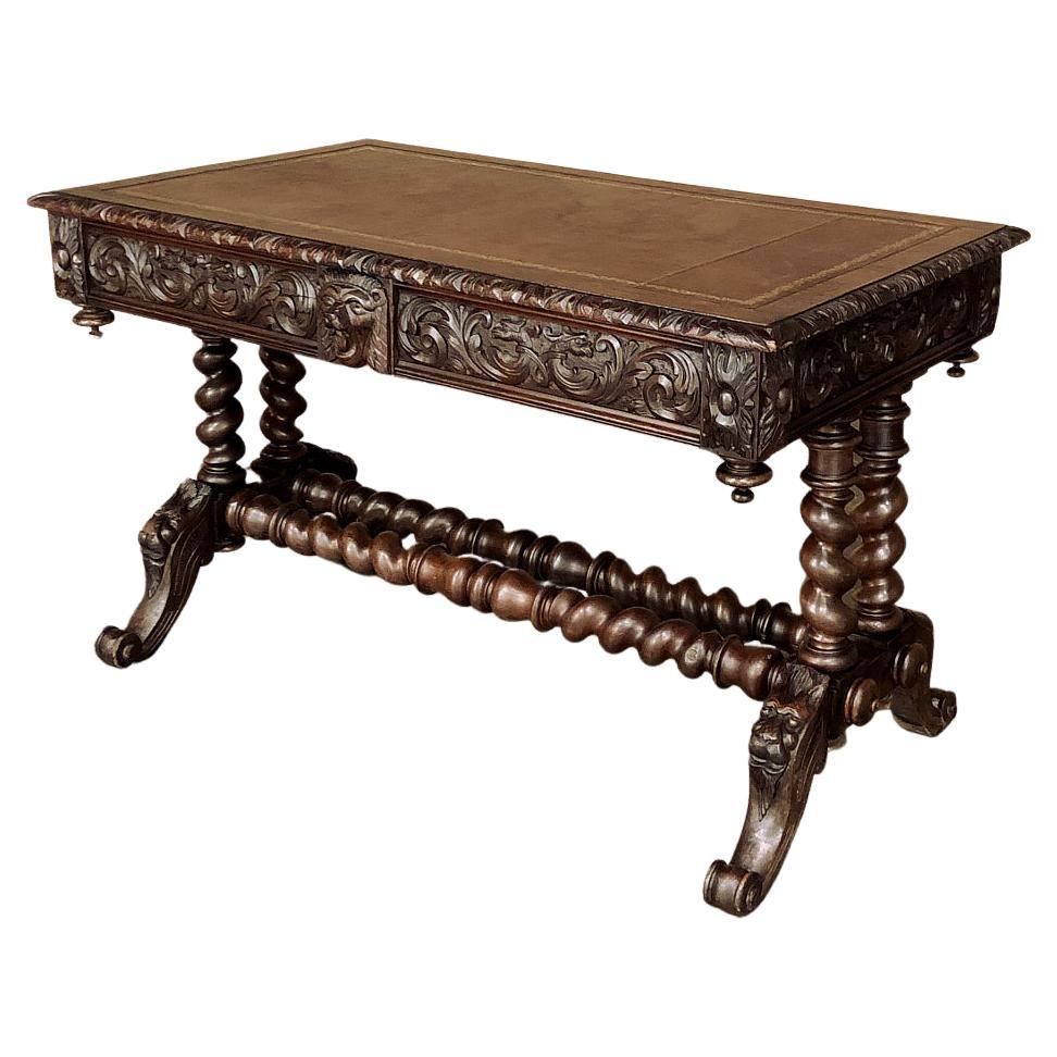 Table à écrire française de la Renaissance du XIXe siècle avec plateau en cuir