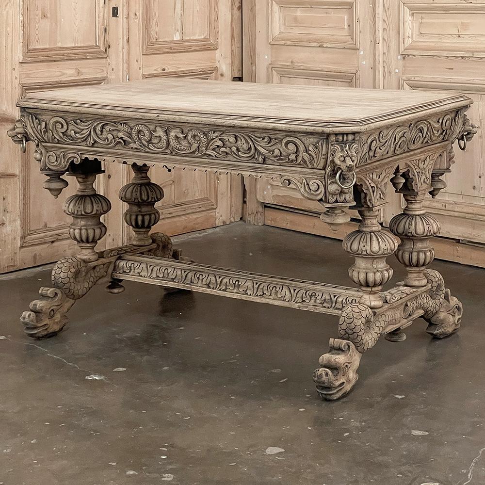 Hand-Carved 19th Century French Renaissance Library Table in Stripped Oak For Sale
