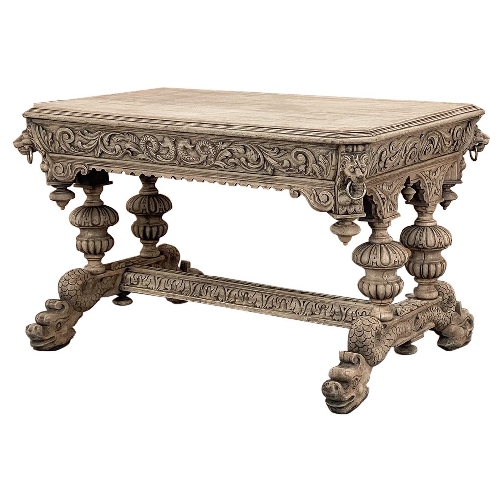 19th Century French Renaissance Library Table in Stripped Oak