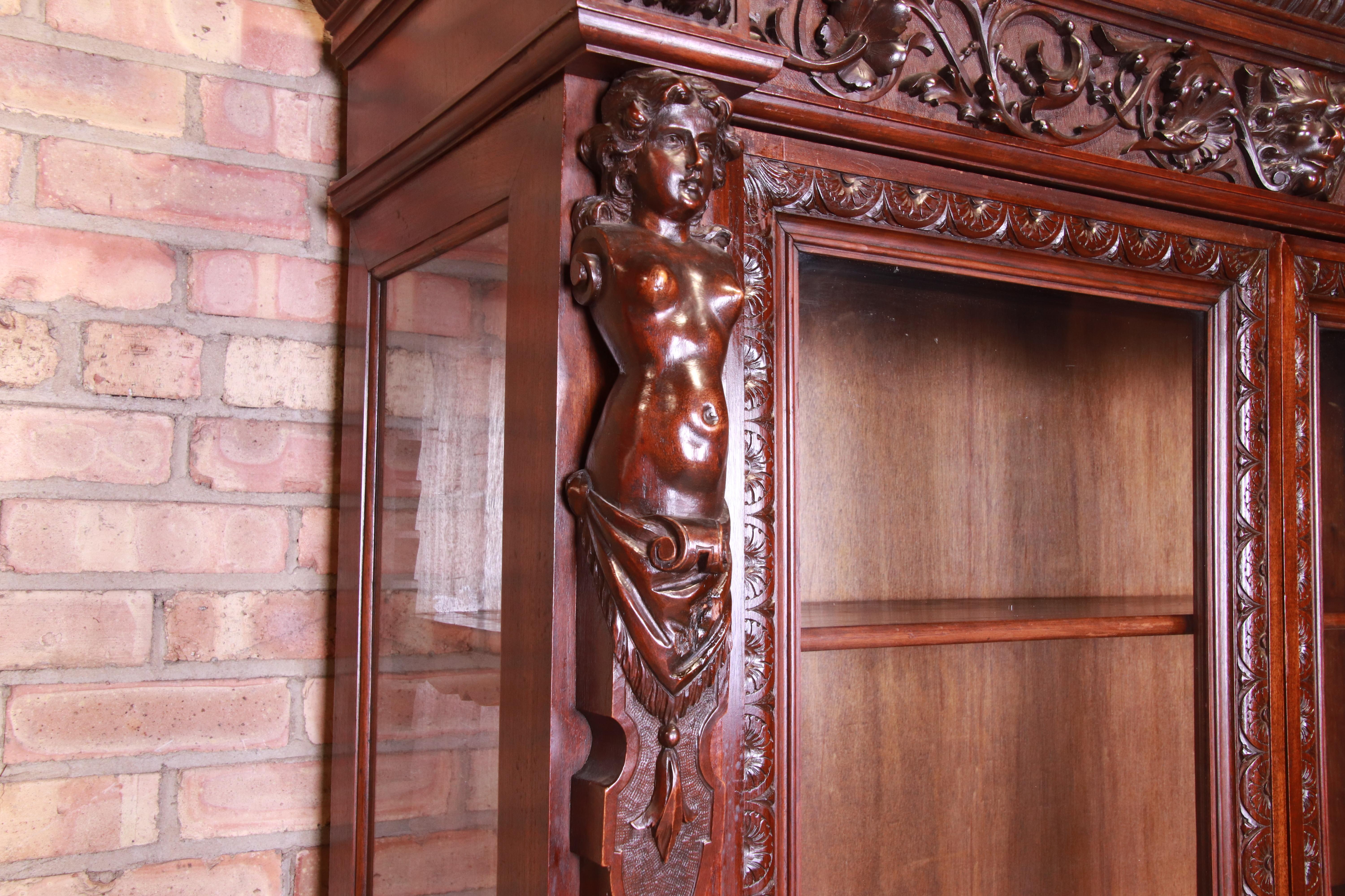 Hand-Carved 19th Century French Renaissance Ornate Carved Walnut Bookcase