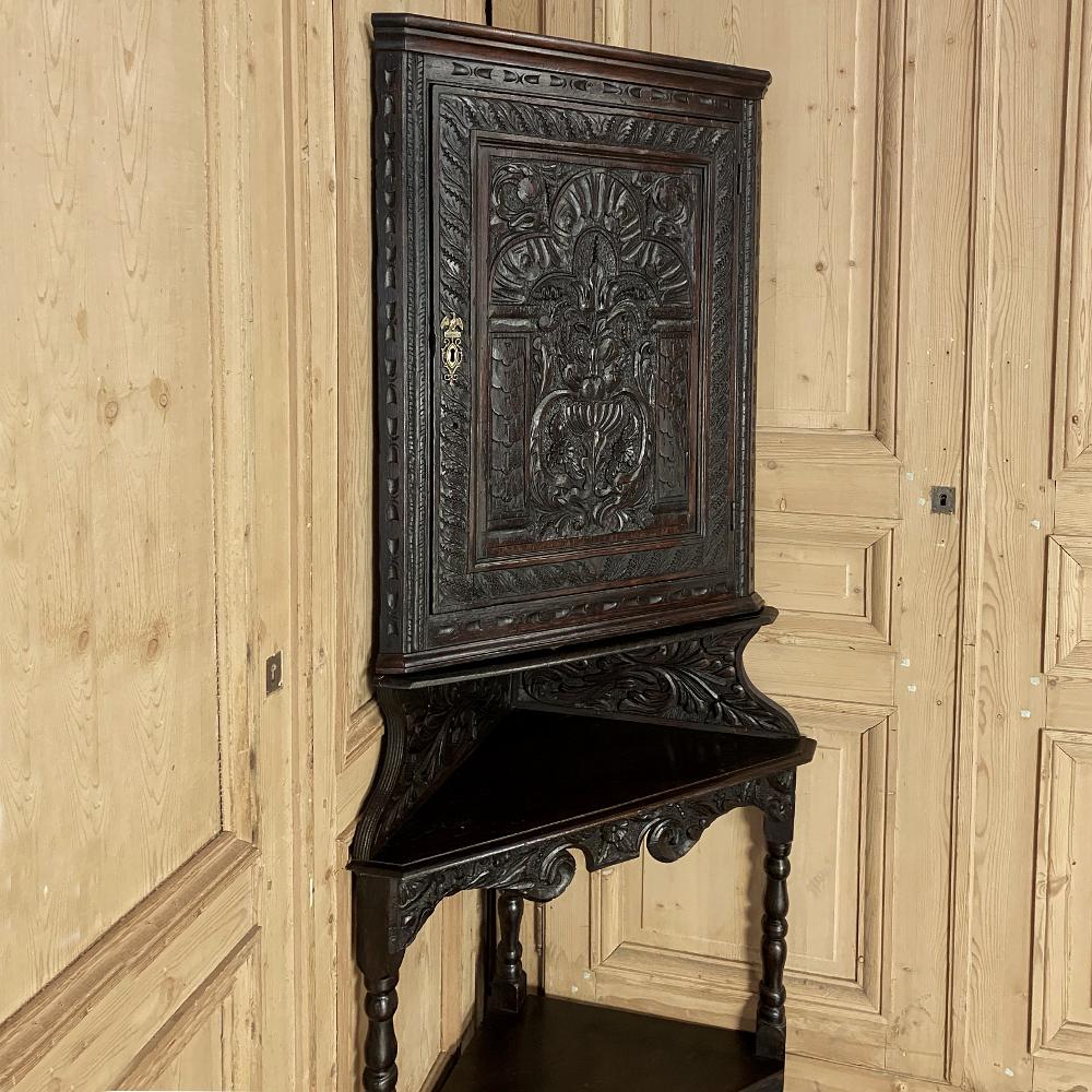 19th century French Renaissance raised corner cabinet is a masterwork of the wood sculptor's art! The amazing relief carvings cover all vertical surfaces, including an especially vibrant work on the cabinet door, depicting stylized natural forms in