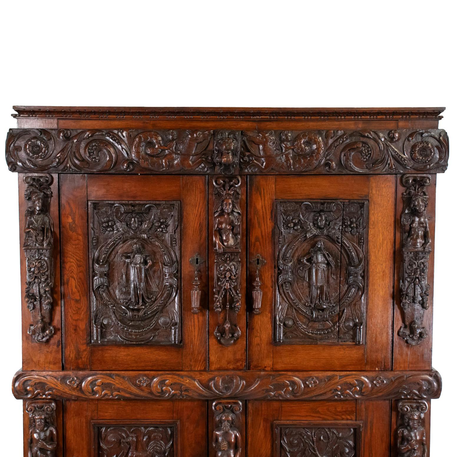 This Mid-19th Century French Renaissance Revival oak cabinet showcases a sophisticated combination of two distinct varieties of solid oak, each sourced from different parts of the tree, resulting in unique tones and grain patterns.

Renaissance