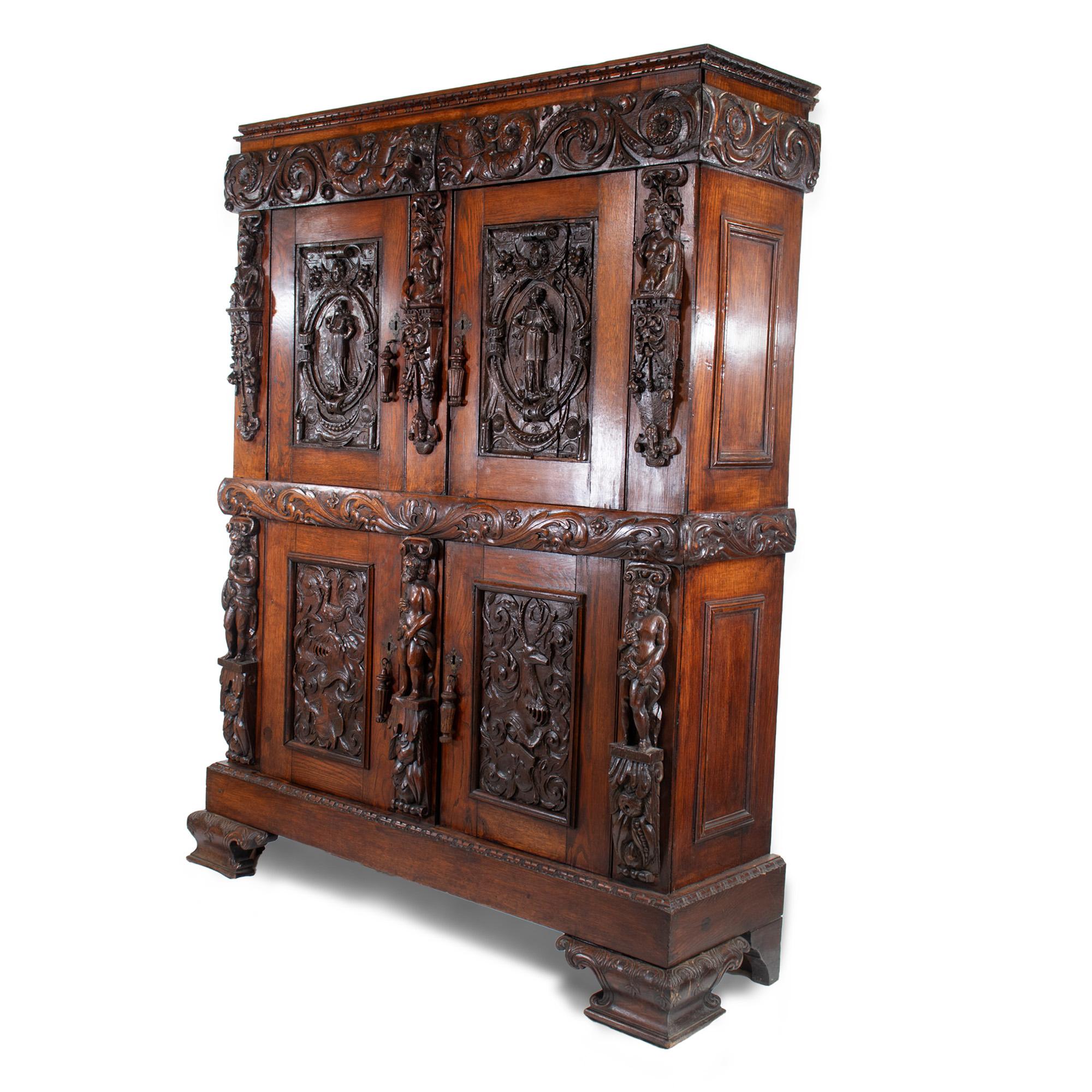 Oak 19th Century French Renaissance Revival Cabinet with Ornamental Figural Carvings For Sale