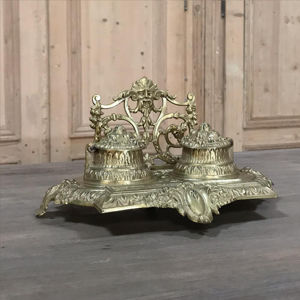 19th century French Renaissance Revival cast bronze inkwell displays incredible detail in abundance, with motifs revived during the Napoleon III period. Such desktop items were essential to any well-appointed home, and the more extravagant the