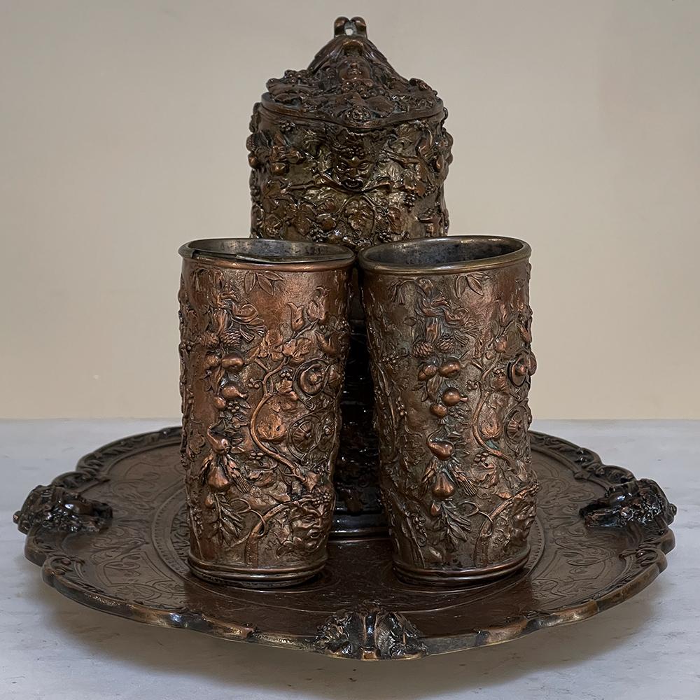 19th Century French Renaissance Revival Ceremonial Wine Goblets, Pitcher & Platter are a stunning collector's set, rendered in astonishing detail in a high-copper content brass that will add a particular significance to any celebration! Designed for