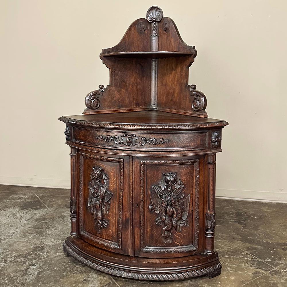19th Century French Renaissance Revival Corner Cabinet ~ Confiturier is a splendid choice to decorate an otherwise unused corner, and do it with style and flair!  The raised shelf is supported by elegantly scrolled side panels with carved corbel