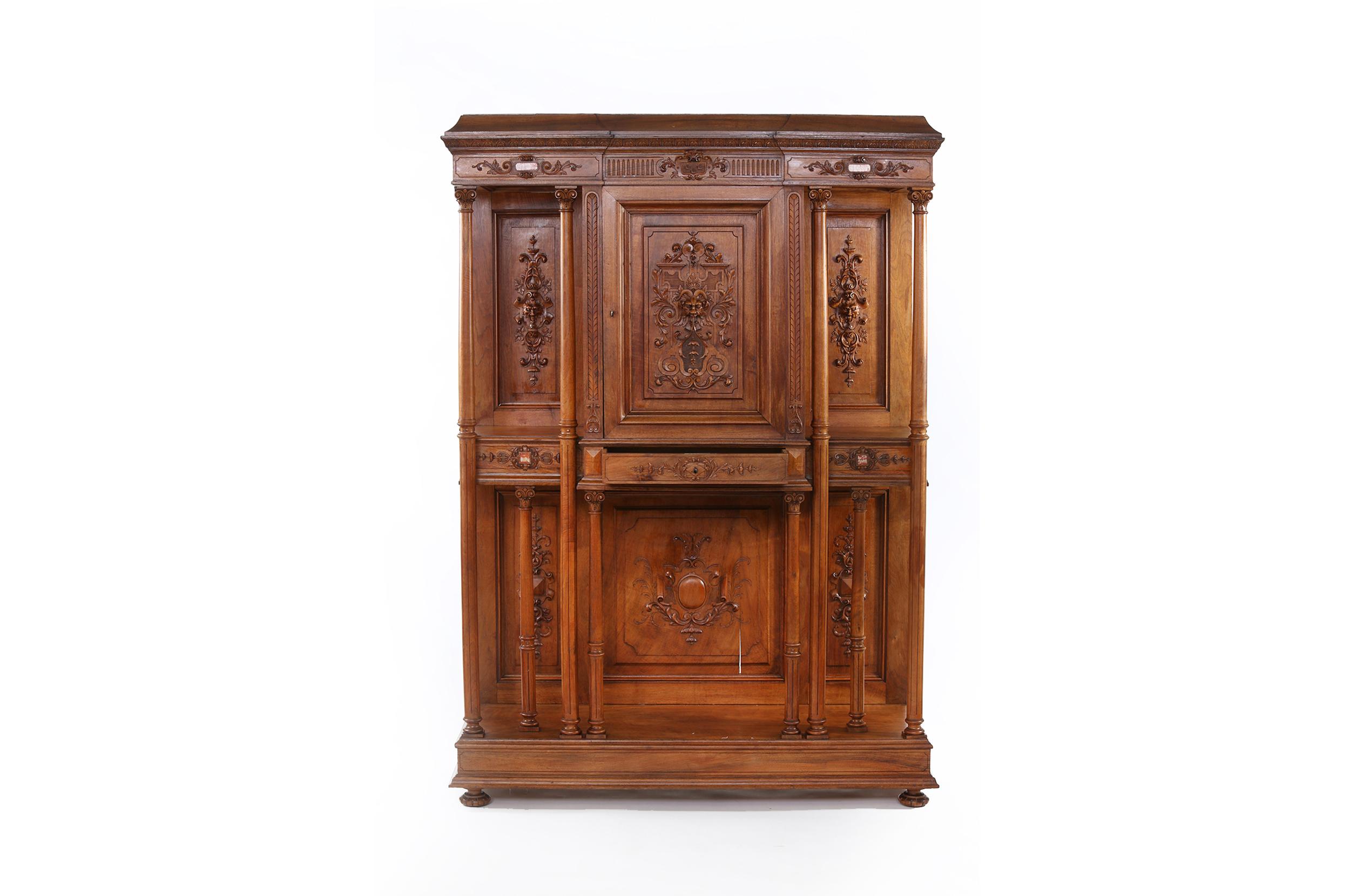 Early 19th century French renaissance revival hand carved walnut with marble inserted reserve display wall cabinet. The cabinet is in good antique condition with appropriate wear consistent with age / use. The cabinet stands about 75 inches tall x