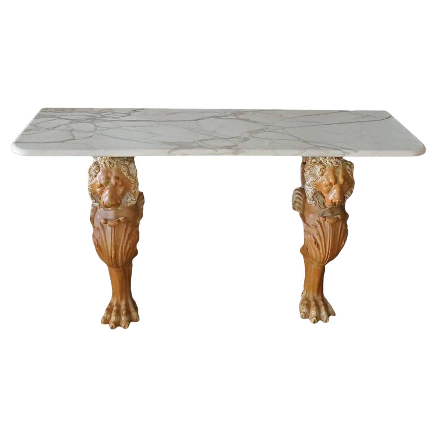 19th Century French Renaissance Revival Marble-Top Lion Console Table