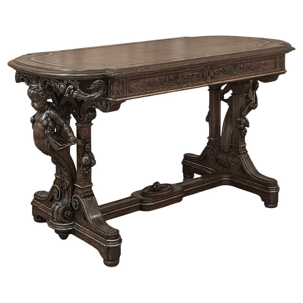 Table à écrire sculpturale en cuir de la Renaissance française du 19e siècle ~ Bureau