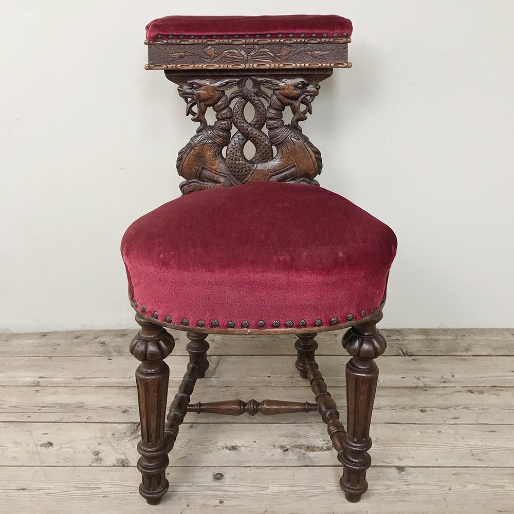 19th century French Renaissance smoking chair is a testament to a bygone era when the gentlemen guests would retire to the library or smoking room after dinner to discuss politics, sports and what-not. Designed to be straddled with the cushion on