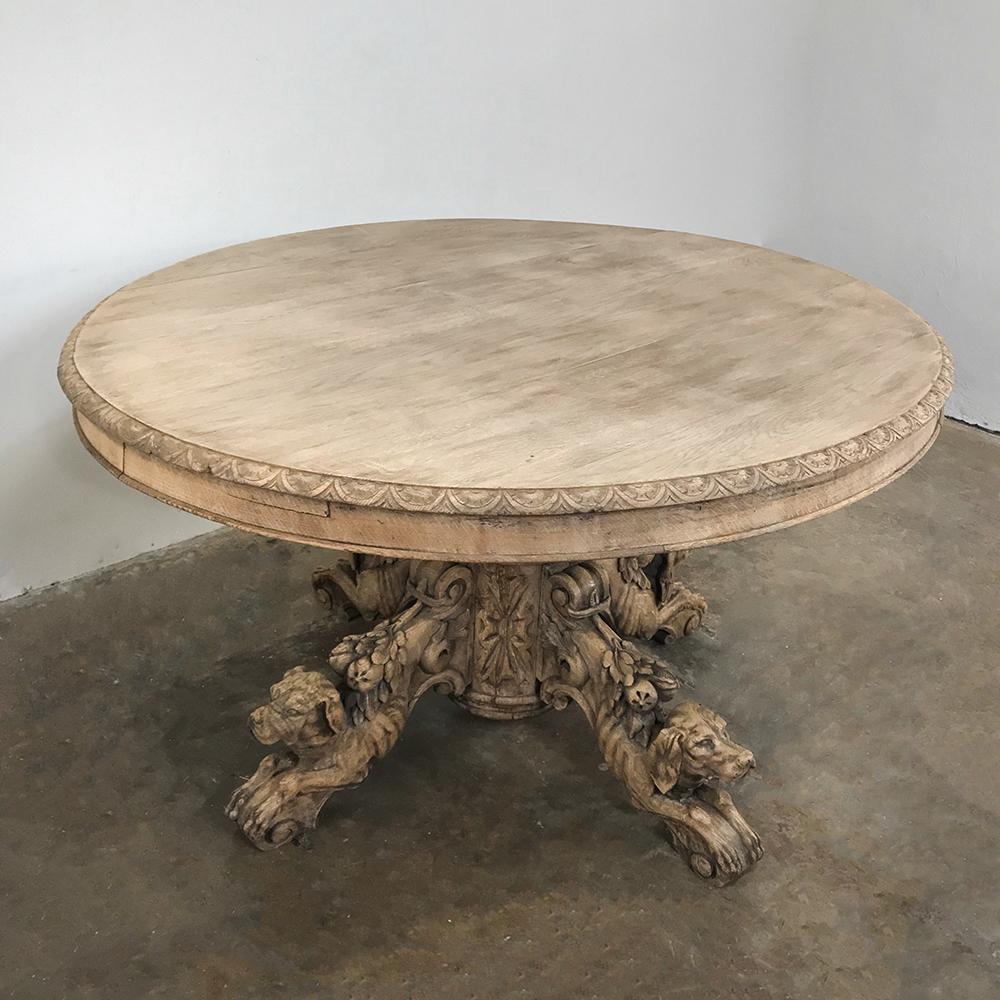 Renaissance Revival 19th Century French Renaissance Stripped Oak Center Table with Hunting Dogs