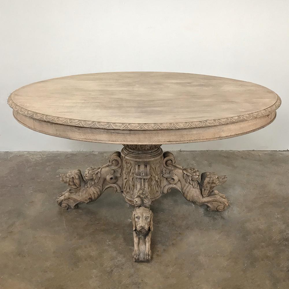 Hand-Carved 19th Century French Renaissance Stripped Oak Center Table with Hunting Dogs