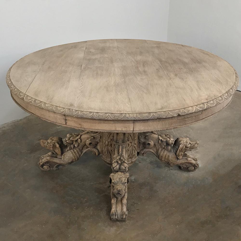 19th Century French Renaissance Stripped Oak Center Table with Hunting Dogs 1