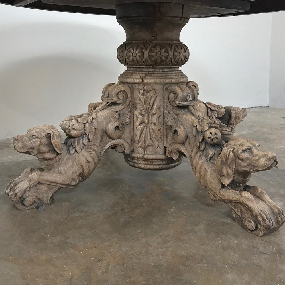 19th Century French Renaissance Stripped Oak Center Table with Hunting Dogs 4