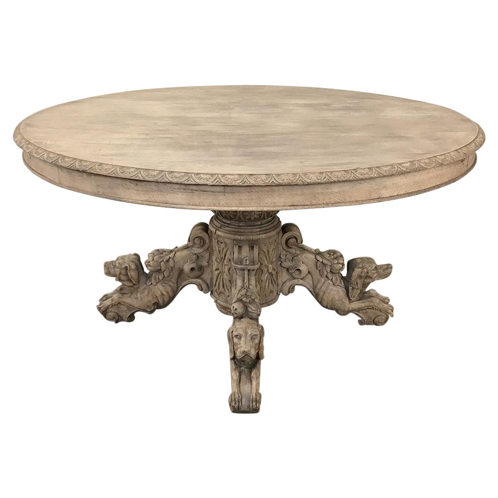 19th Century French Renaissance Stripped Oak Center Table with Hunting Dogs