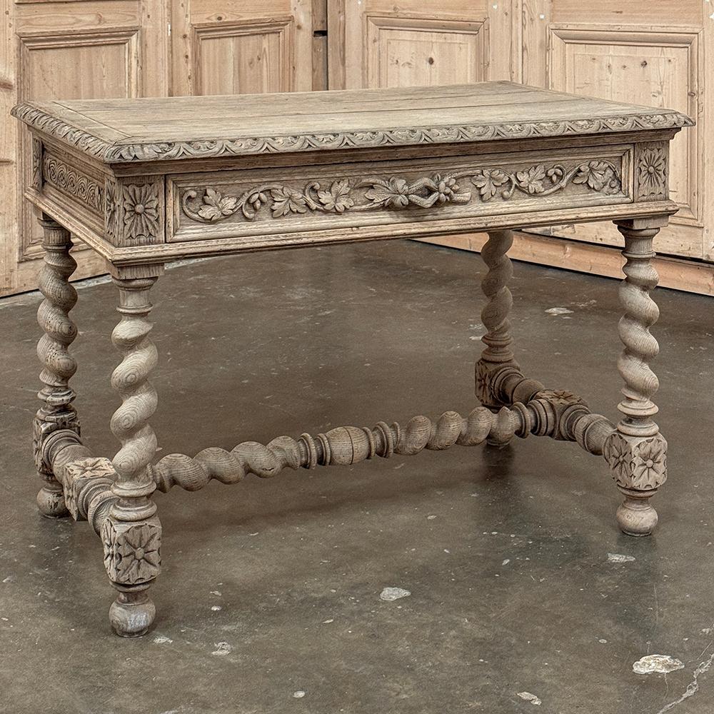 19th Century French Renaissance Stripped Oak Writing Table ~ End Table will make a wonderful addition to any masculine decor!  Hand-crafted from solid oak, it features a gadrooned top edge overlooking the apron which is designed with a single drawer