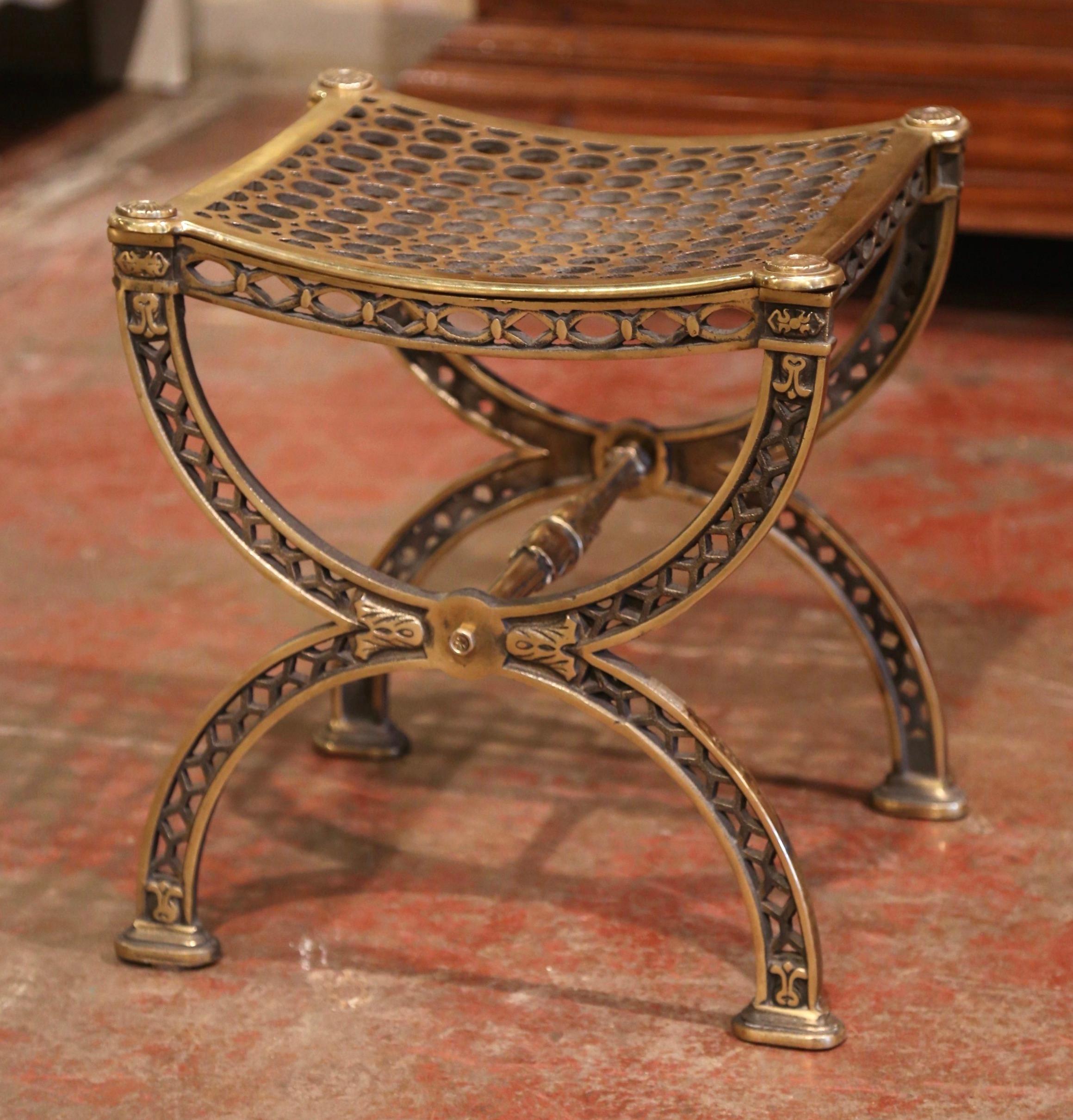 19th Century French Renaissance Style Bronze Dore Curule Vanity Stool In Excellent Condition In Dallas, TX