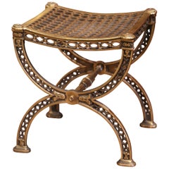 Tabouret de coiffeuse curule en bronze doré de style Renaissance française du 19ème siècle