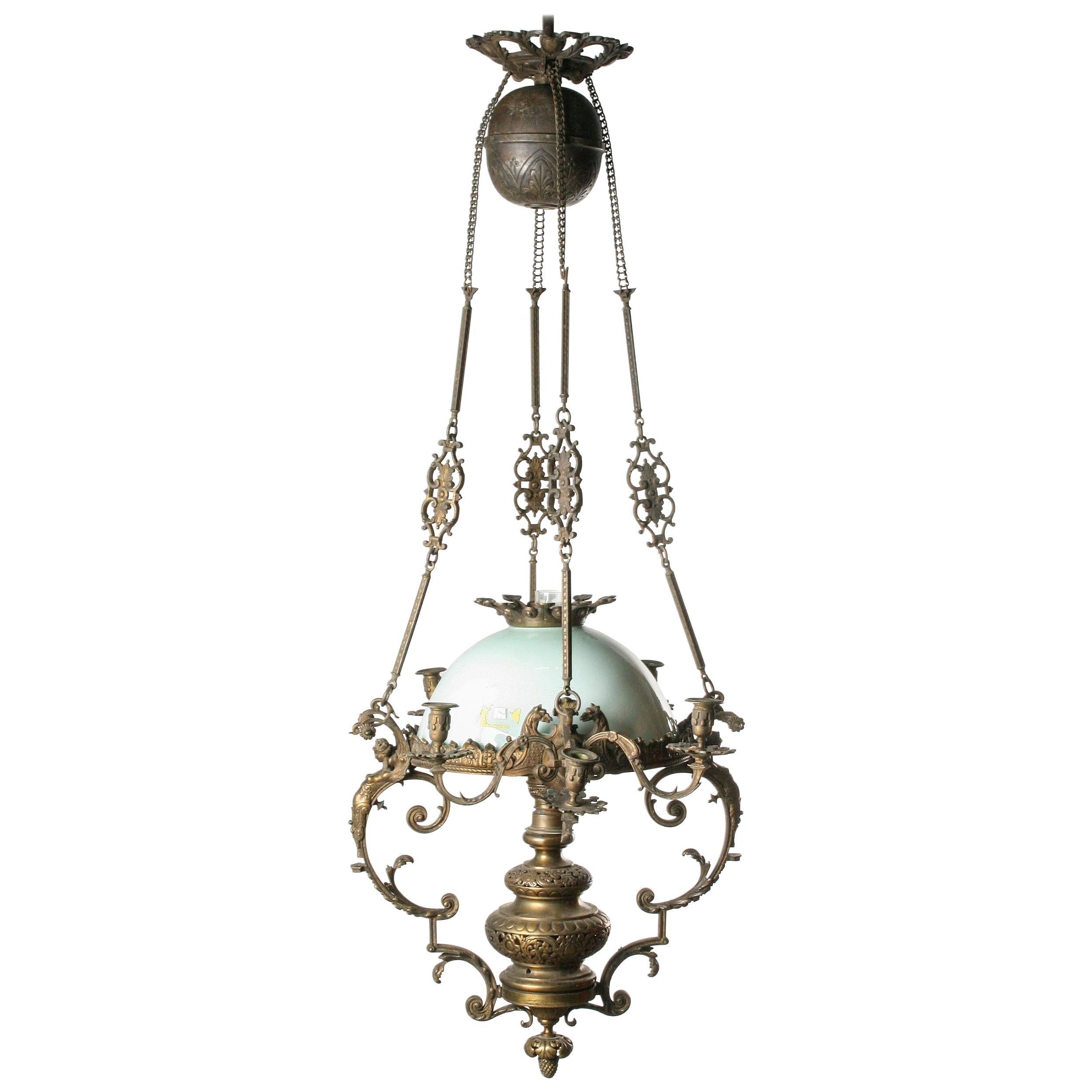 Lampe à suspension à huile en bronze de style Renaissance française du XIXe siècle en vente