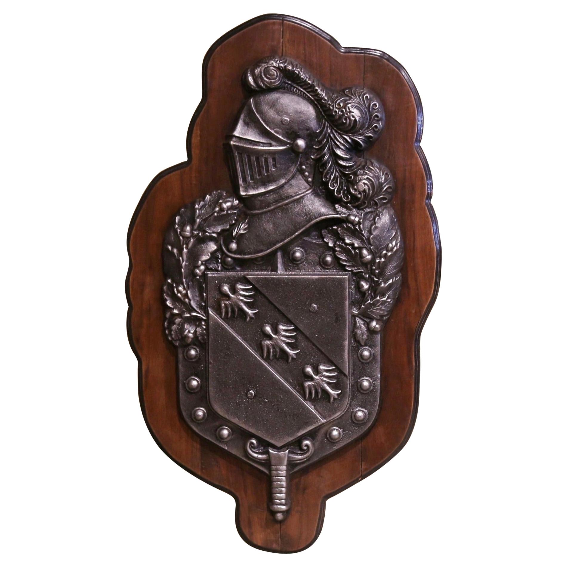 19th Century French Renaissance Style Polished Iron Crest on Walnut Plaque