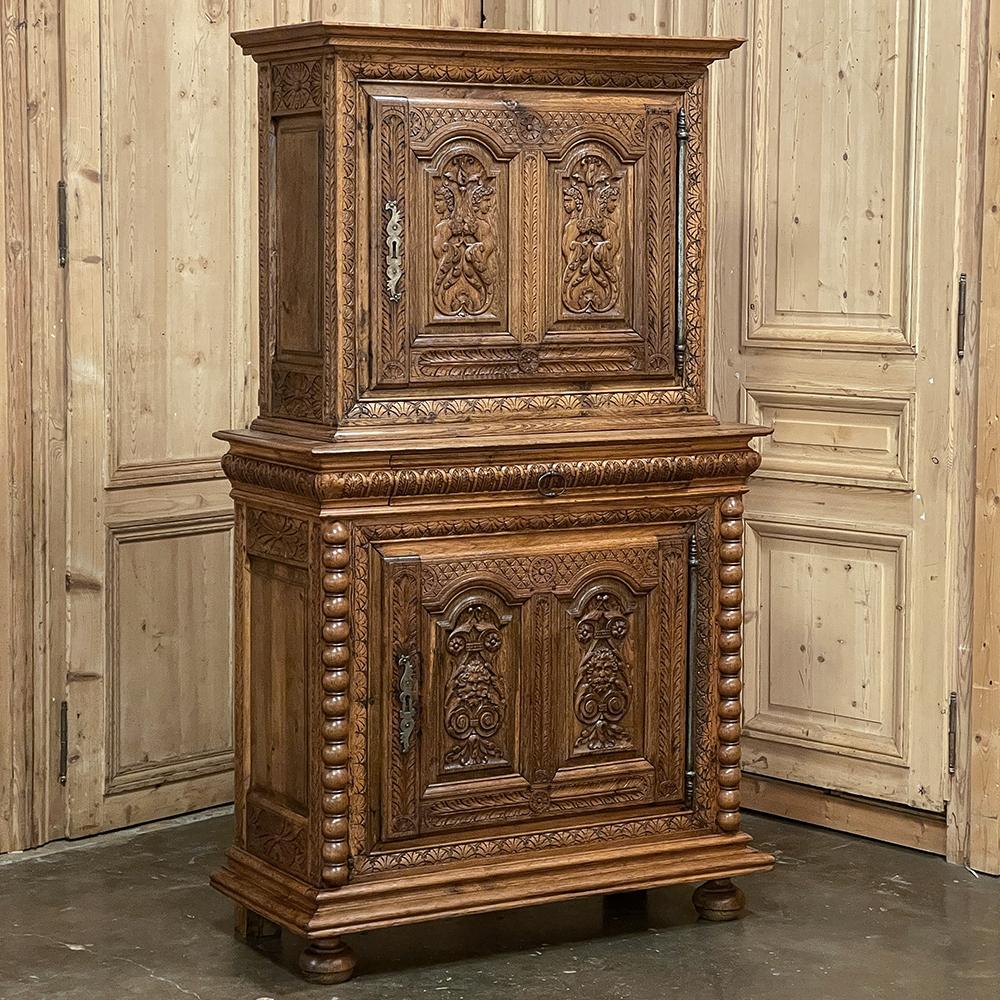 19th Century French Renaissance two-tiered cabinet is a marvel of the cabinetmaker's art! Designed as a repository for personal belongings of the gentleman of the house, such pieces were usually found in the study, drawing room or library.