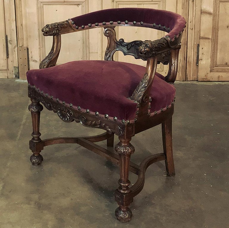 Hand-Carved 19th Century French Renaissance Walnut Desk Armchair For Sale