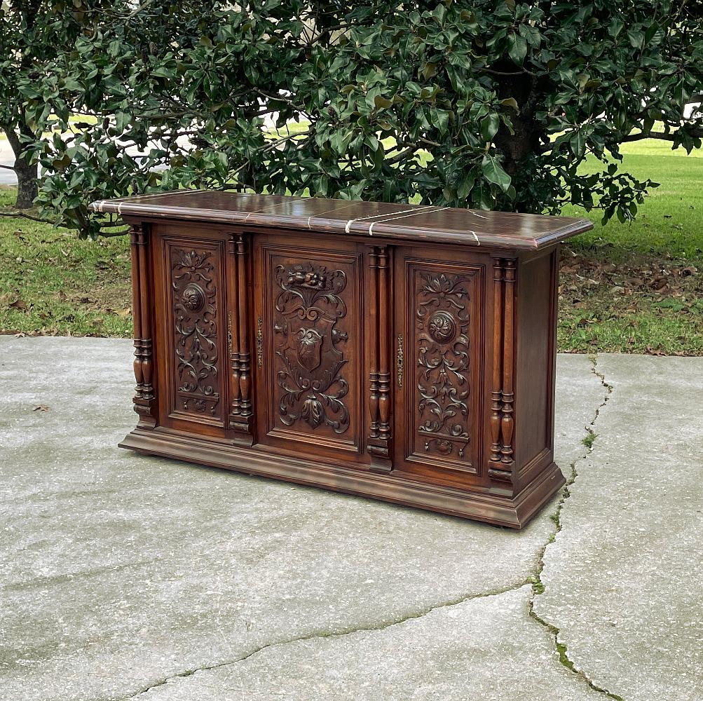 Renaissance Revival 19th Century French Renaissance Walnut Marble Top Console or Credenza For Sale