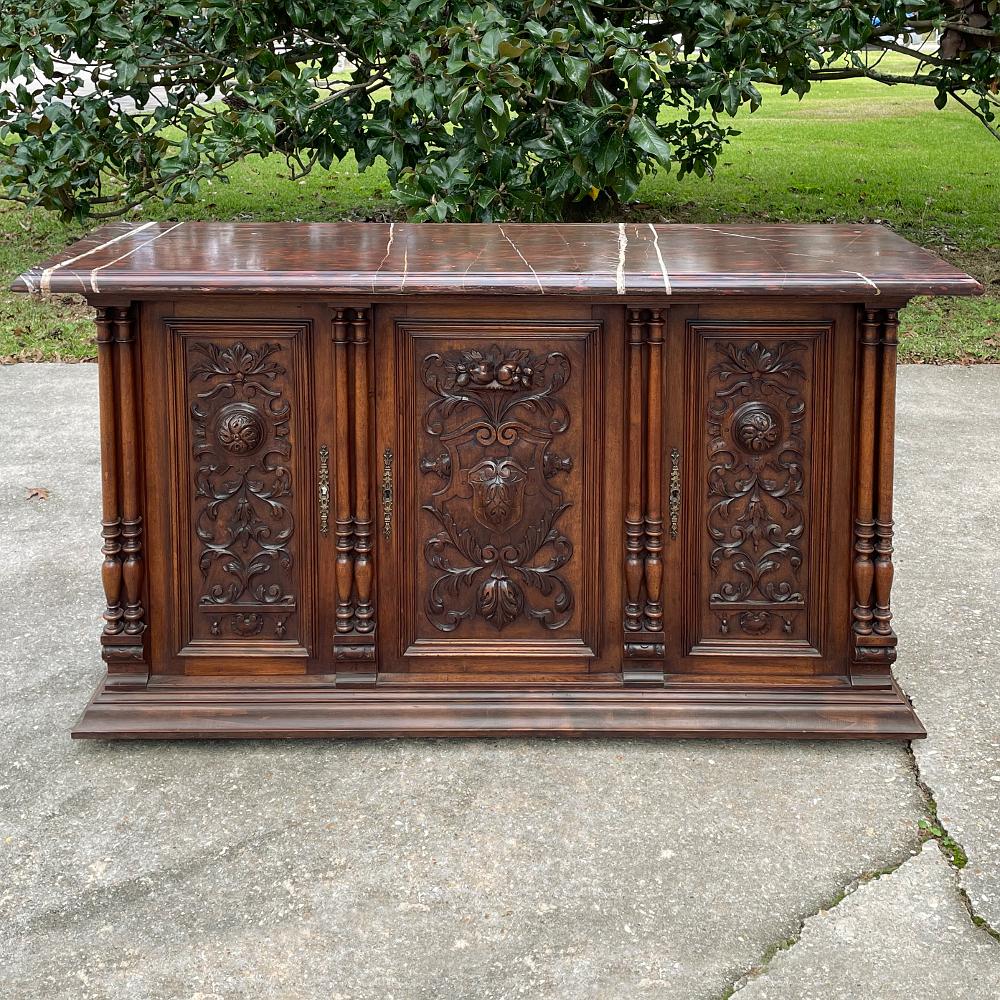 Hand-Crafted 19th Century French Renaissance Walnut Marble Top Console or Credenza For Sale