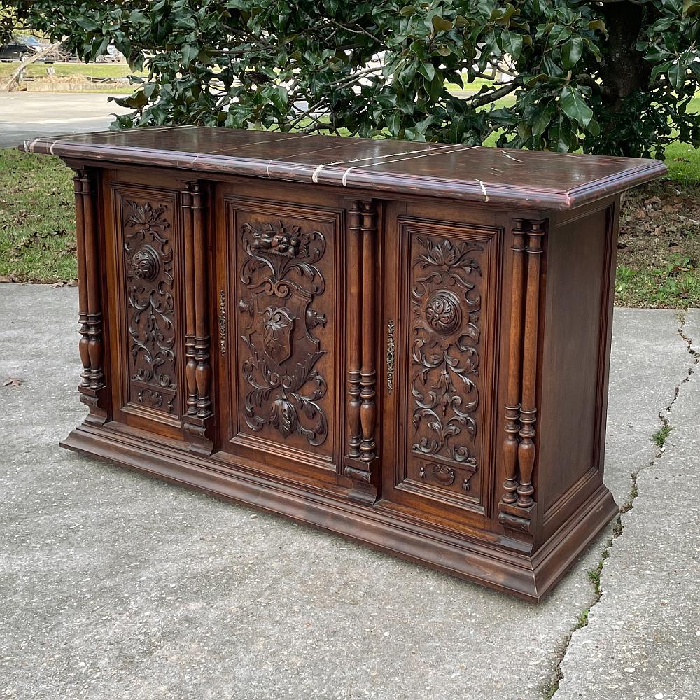 19th Century French Renaissance Walnut Marble Top Console or Credenza In Good Condition For Sale In Dallas, TX