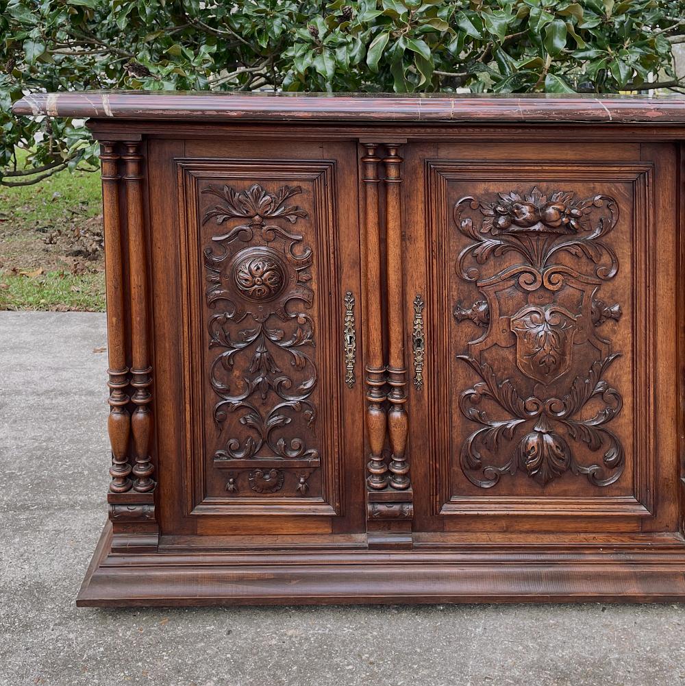 Mid-19th Century 19th Century French Renaissance Walnut Marble Top Console or Credenza For Sale