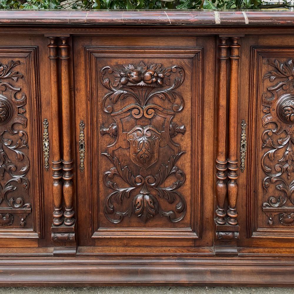 Bronze 19th Century French Renaissance Walnut Marble Top Console or Credenza For Sale