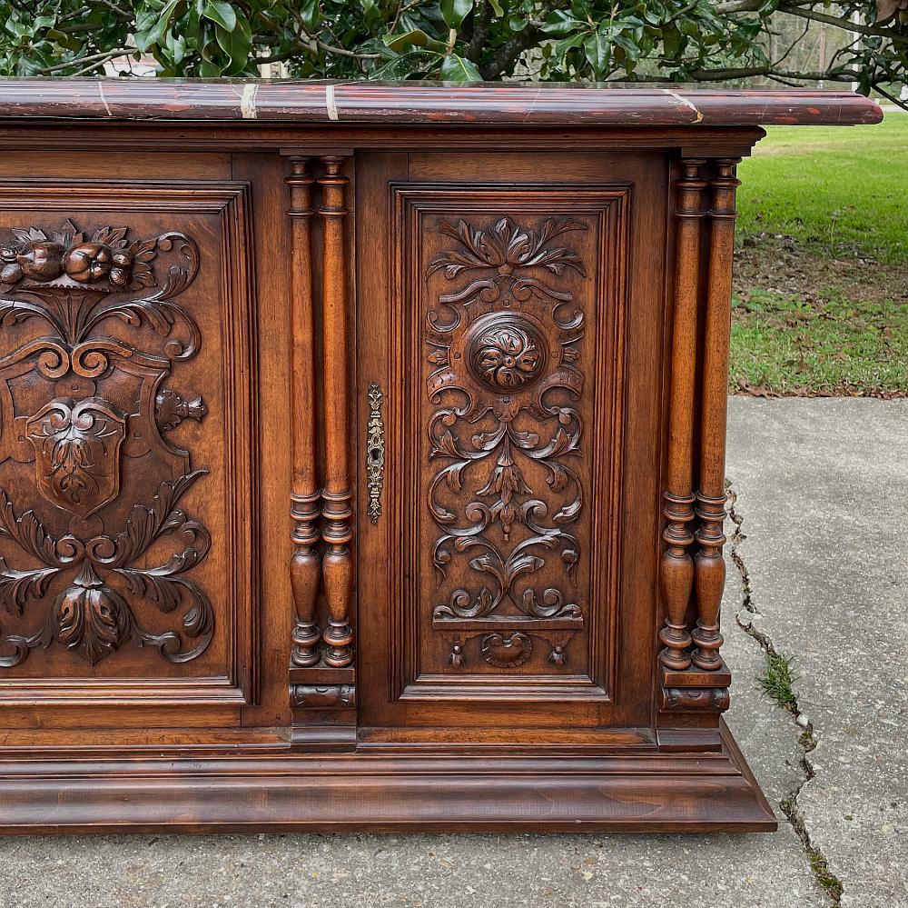 19th Century French Renaissance Walnut Marble Top Console or Credenza For Sale 1