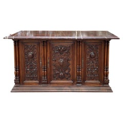 19th Century French Renaissance Walnut Marble Top Console or Credenza