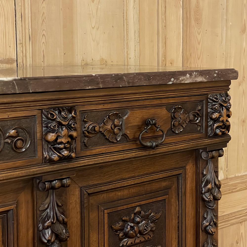19th Century French Renaissance Walnut Marble Top Raised Buffet For Sale 5